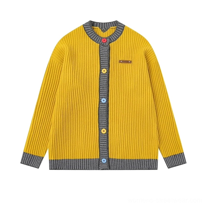 Yellow contrast ribbed knit cardigan product image with oversized silhouette, striped trim, and retro Y2K streetwear details
