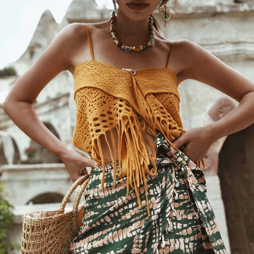 Yellow crochet fringe crop top with dramatic tassels for festival, beach and Korean-inspired summer outfits