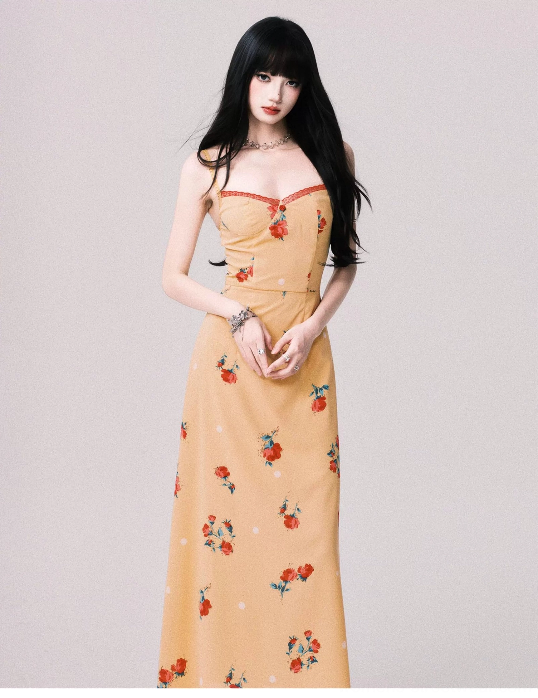 Yellow floral Korean style maxi dress with red sweetheart neckline trim fitted waist and delicate chain accessories