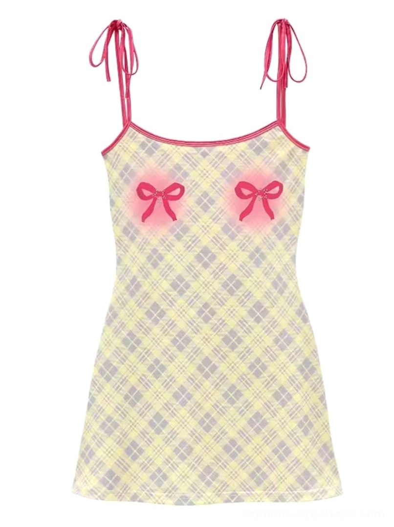 Yellow gingham angel graphic cami mini dress with red tie straps and colorful Y2K streetwear style
