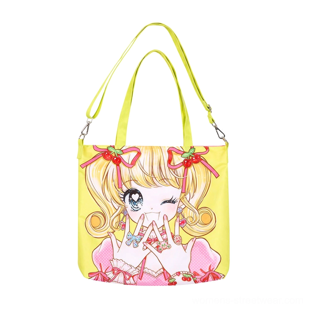 Bright yellow kawaii anime girl convertible tote bag with top handles and adjustable yellow crossbody strap front view