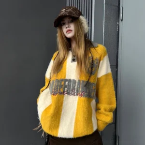 Yellow and off-white striped embroidered polo knit sweater with fuzzy knitted texture, buttoned polo collar, front slogan embroidery, and Korean streetwear styling