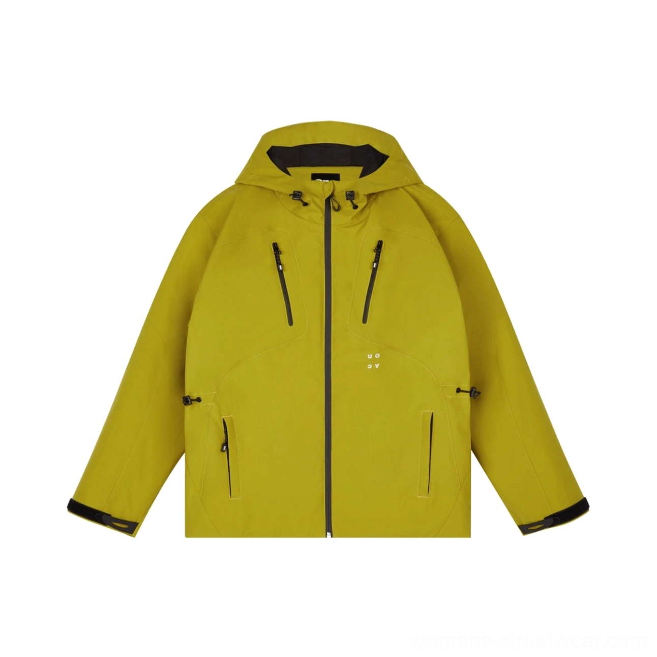 Yellow outdoor padded hooded jacket colorway with bold color block styling and adjustable details