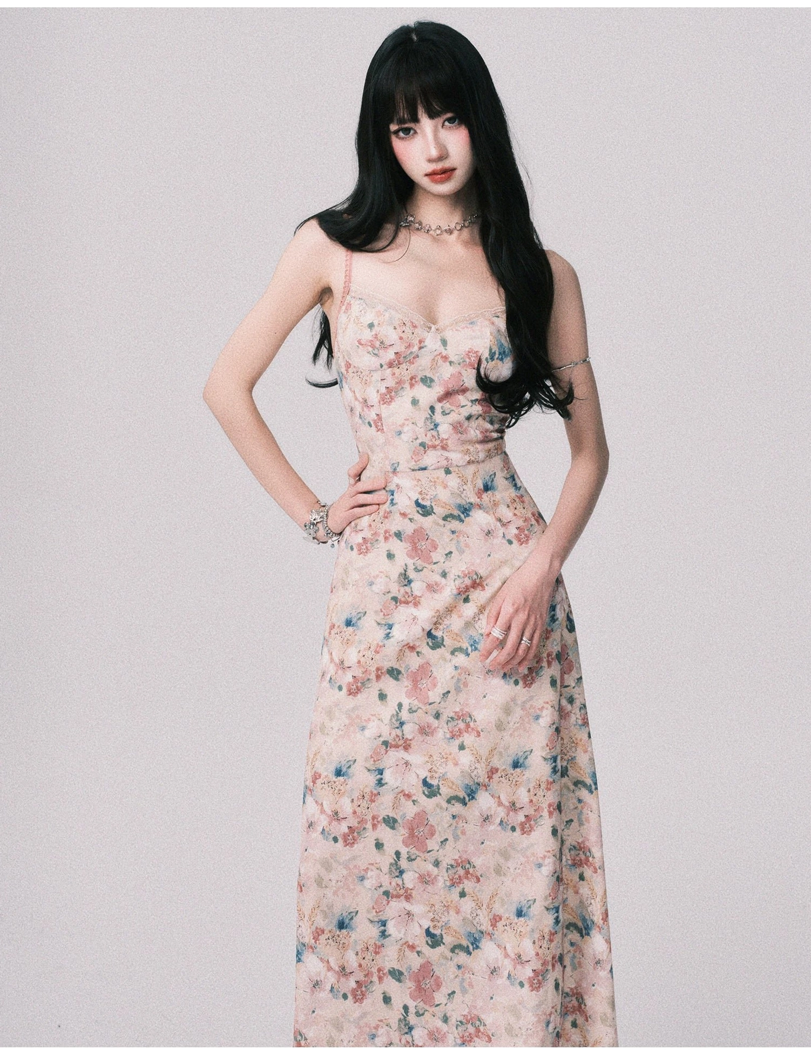 Yellow pink watercolor floral maxi slip dress with ruched sweetheart bodice, sculpted waist, adjustable spaghetti straps, and elegant long skirt