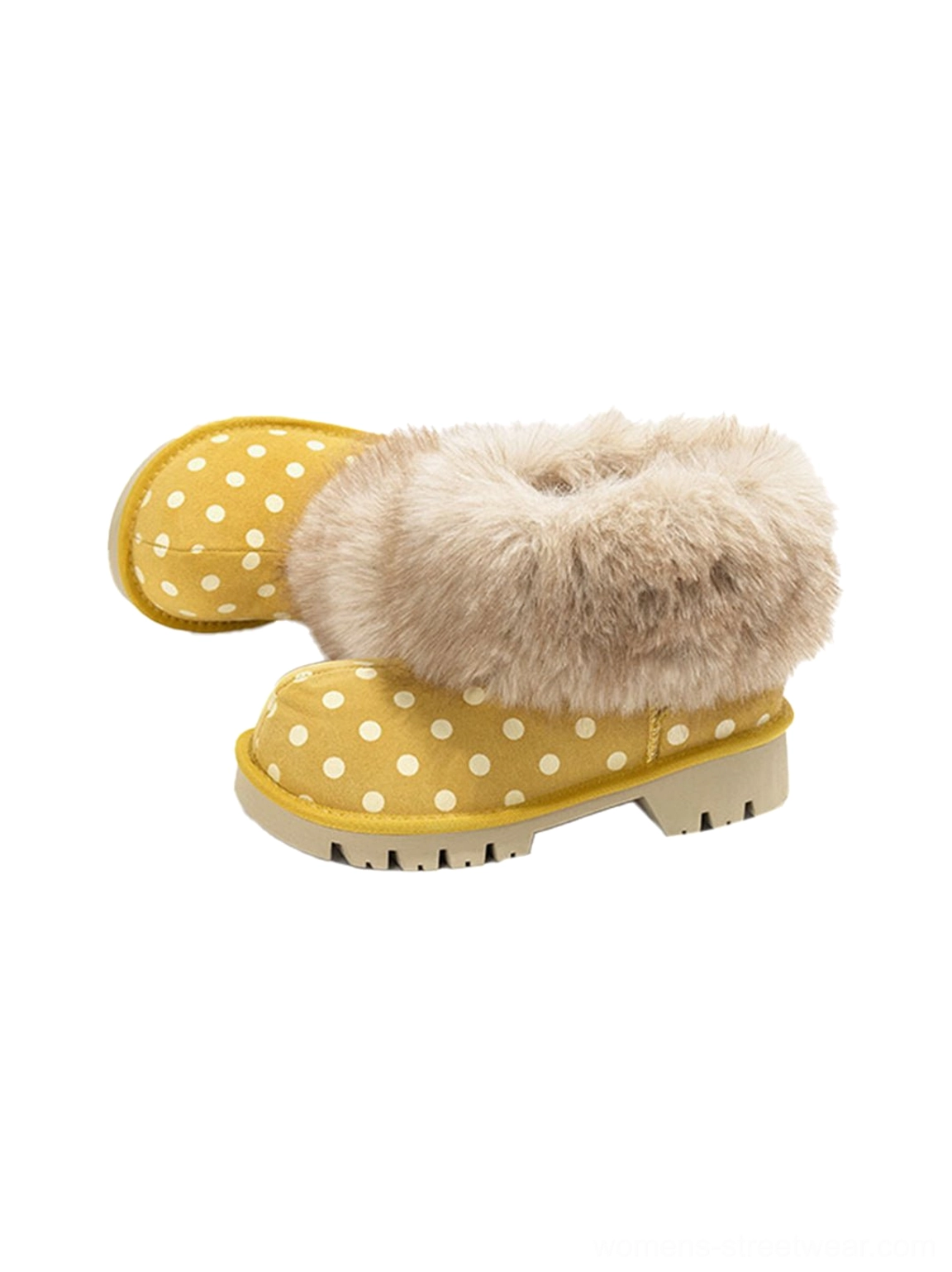 Yellow polka dot platform snow boots with plush faux fur cuffs rear three quarter view
