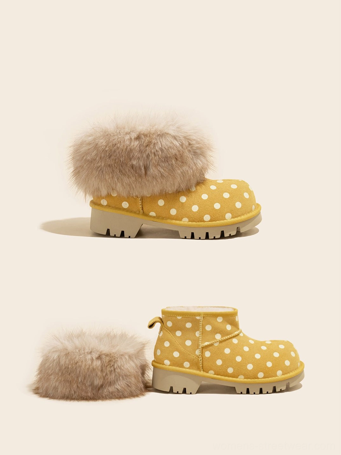 Yellow polka dot platform snow boots showing removable faux fur cuff from multiple angles