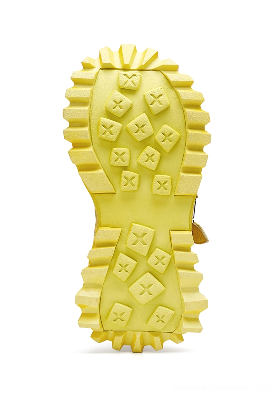 Bottom sole view of yellow punk platform sandals with deep serrated tread and geometric outsole pattern