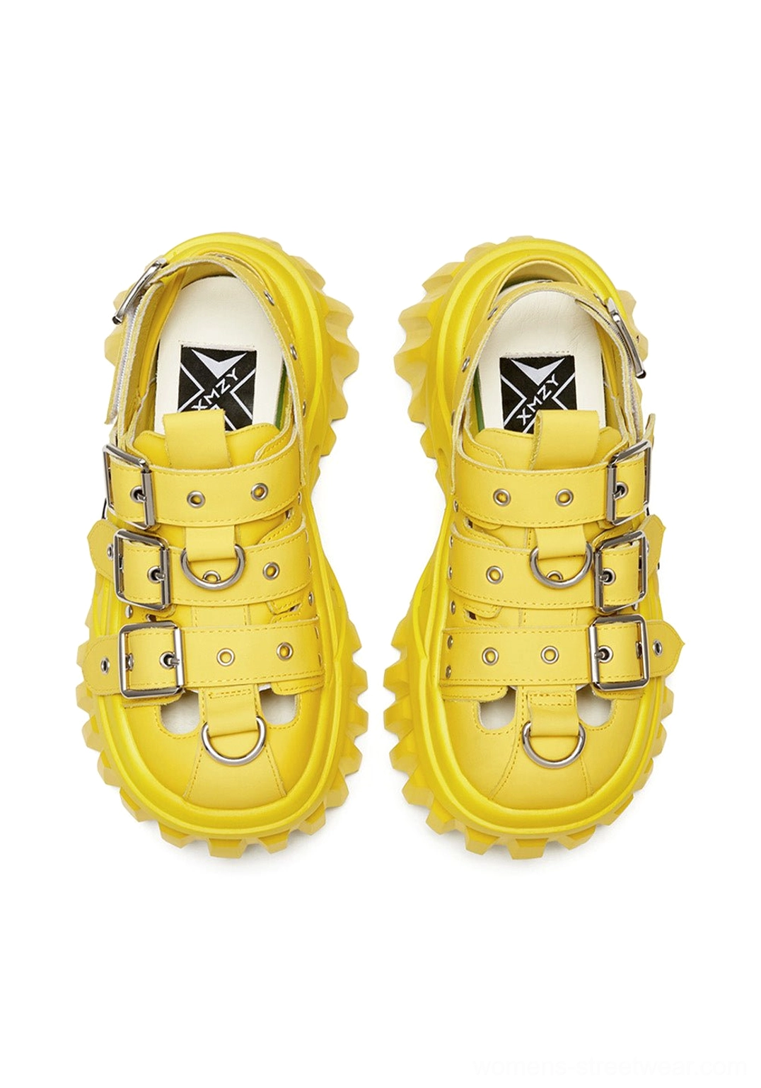Top flat lay view of yellow triple-buckle punk platform sandals showing adjustable straps and contoured footbeds