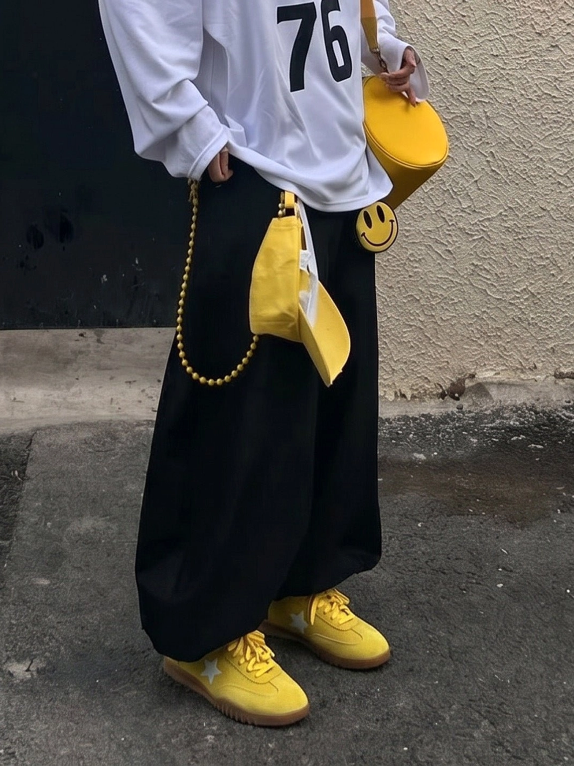 Yellow suede streetwear trainers paired with an oversized white tee, black wide-leg pants, and yellow crossbody accessories