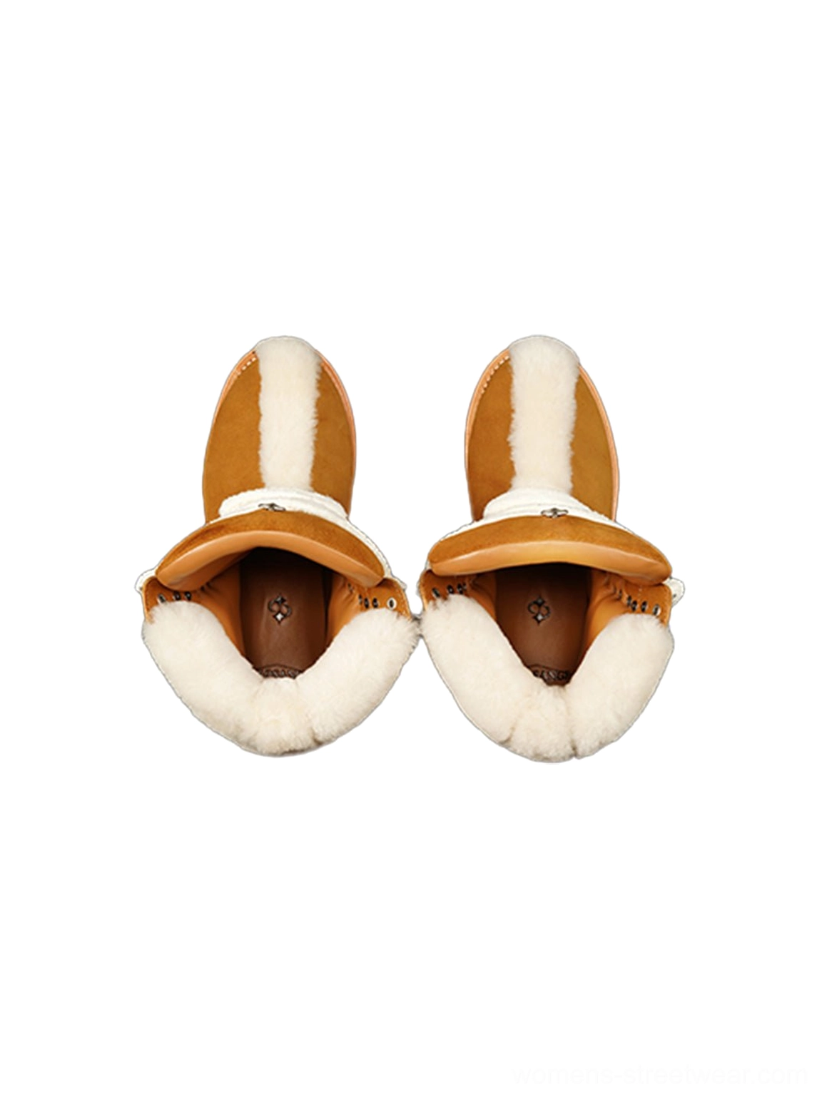 Top-down view of yellow tan shearling-lined work boots showing the soft white fleece interior, brown leather insole, suede opening, and padded ankle collar