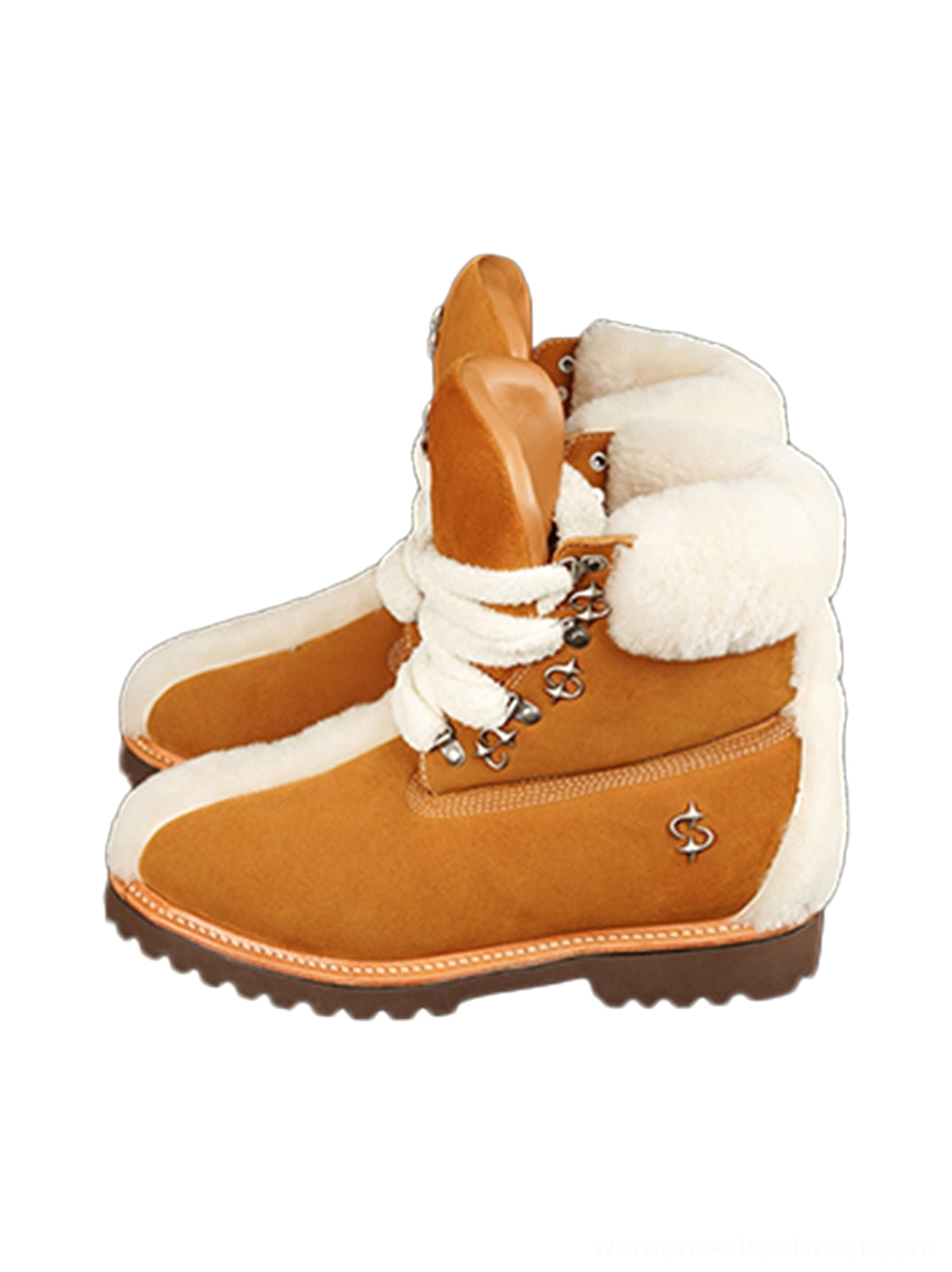Pair of yellow tan shearling-lined utility work boots in a right-side profile view with fleece collar, metal lacing hardware, suede upper, and deep lug outsole