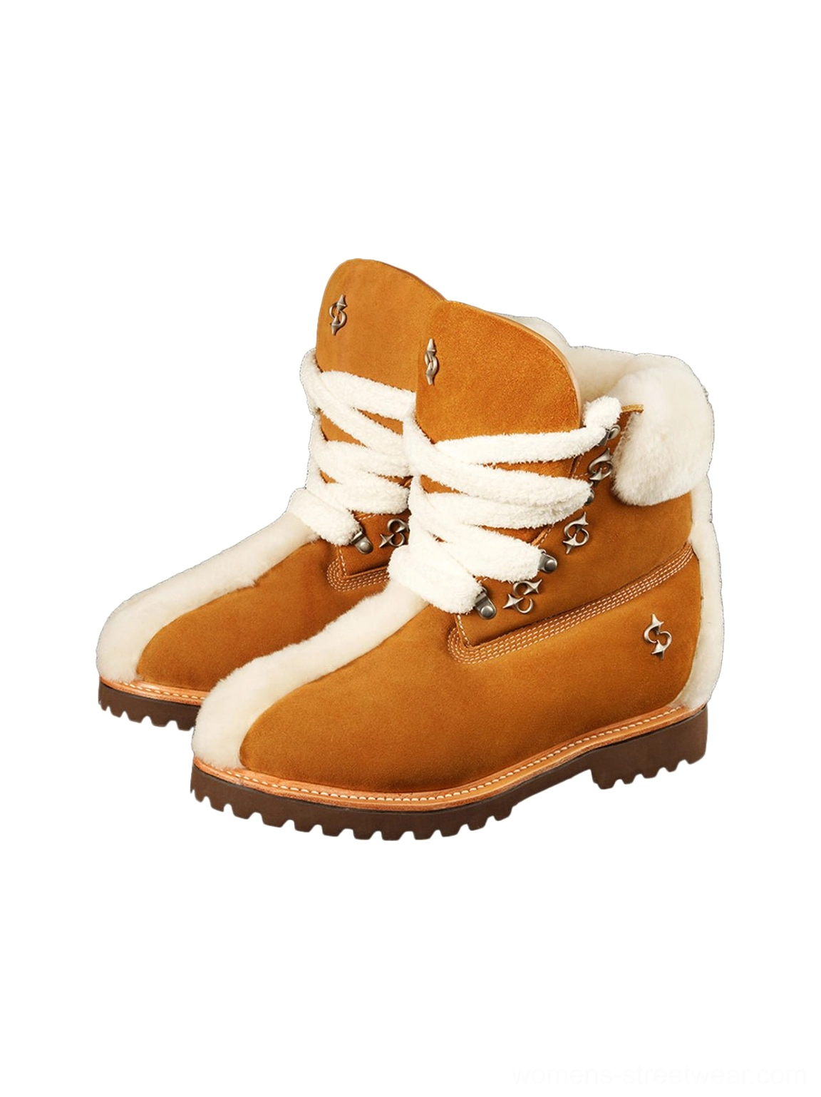 Pair of yellow tan suede shearling-lined work boots shown from a front three-quarter angle with white laces, fleece collar, metal eyelets, and thick lugged outsole