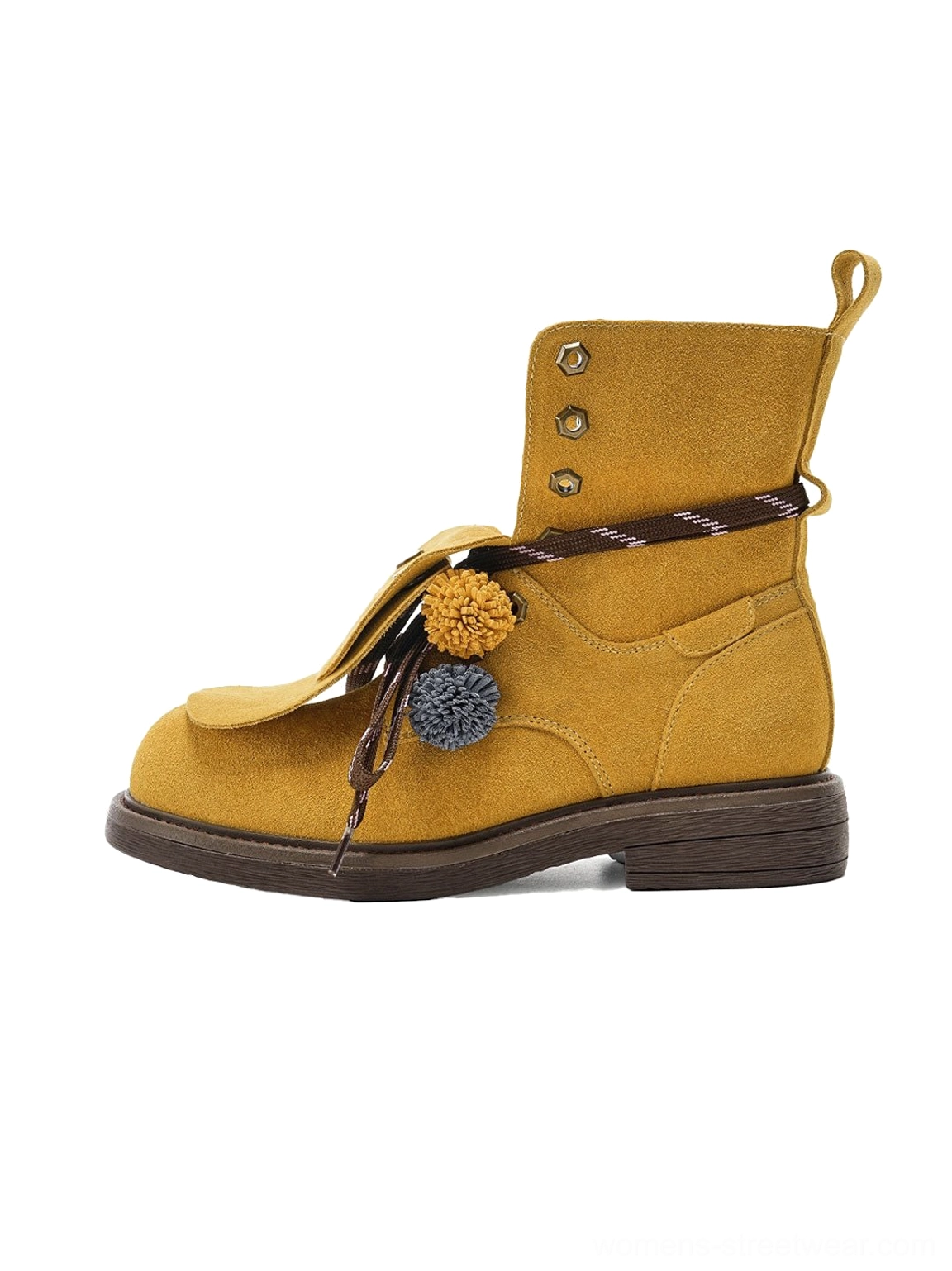 Yellow tassel-flap suede-look lace-up ankle boots with blue and yellow pom-pom laces, rear pull tab, and chunky flat outsole