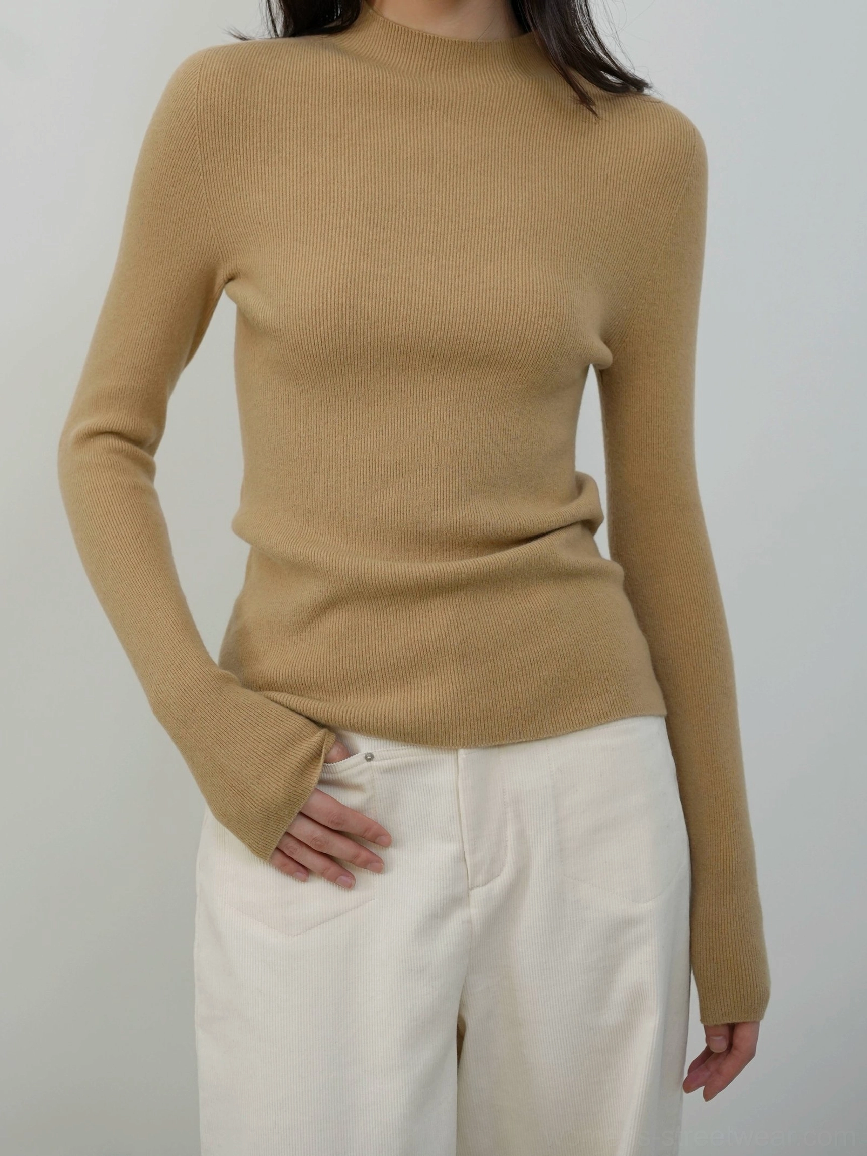 Yellow women's mock neck knit sweater with long sleeves for colorful Korean streetwear and layered styling